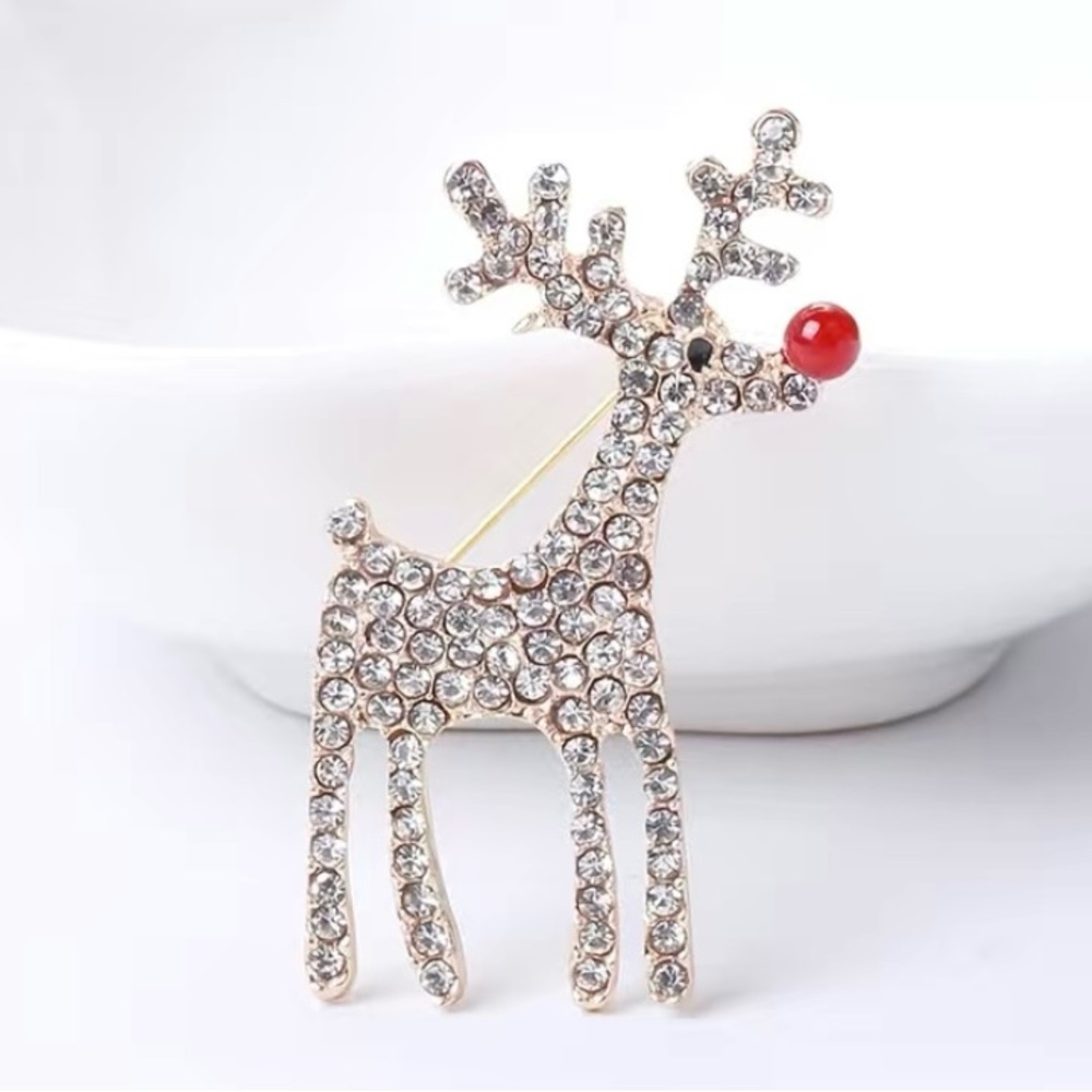 Rudolph Reindeer Brooch Pin Gold & Gemstone Crystals NEW!